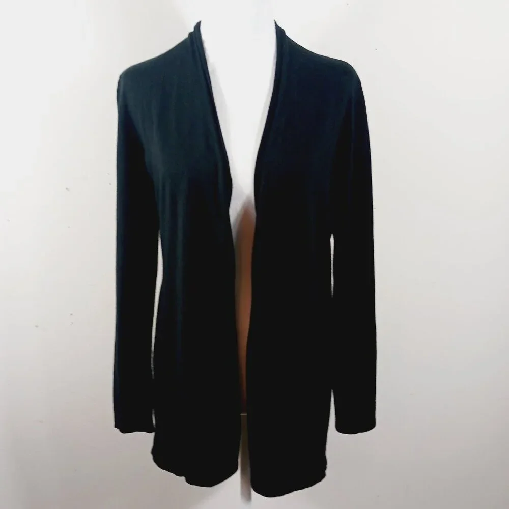 Forte Black Merino Wool & Silk Blend Button Back Open Long Sleeve Cardigan, MED